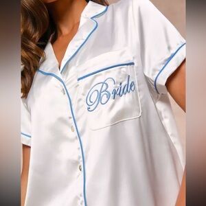 NWOT Miss to Mrs Embroidered Satin Two-Piece PJ Set (Lulu’s)💍✨🩵